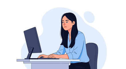 Focused young woman working diligently on her computer at a modern office desk, illustrating productivity, remote work, or professional tasks.