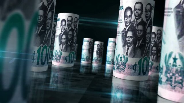 Ghana Cedi Ghanaian money rolls loop 3d. Money on table. Seamless and loopable abstract concept of economy, finance and business. Camera between 100 GHC rolled banknotes.