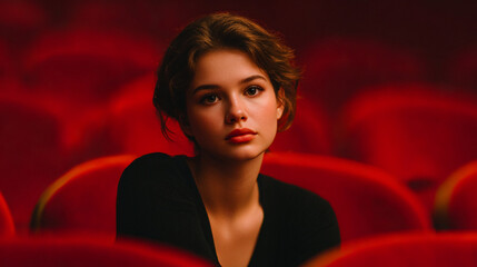 Confident young woman sitting alone under dramatic spotlight surrounded by rows of red velvet seats like in a movie theater