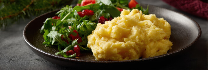 Mashed potatoes with vibrant salad on dark plate