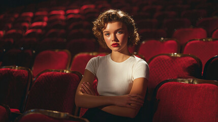 Confident young woman sitting alone under dramatic spotlight surrounded by rows of red velvet seats like in a movie theater