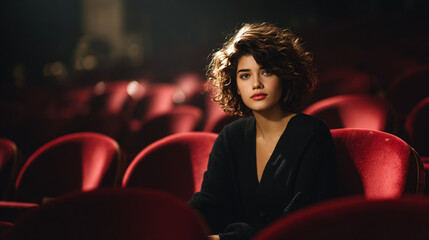 Confident young woman sitting alone under dramatic spotlight surrounded by rows of red velvet seats like in a movie theater