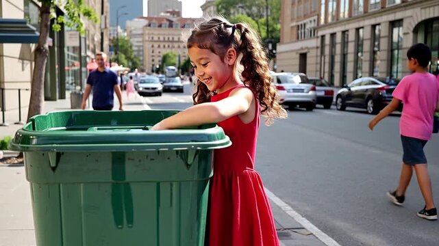 Responsible child recycling a plastic bottle in a public trash can on a city street