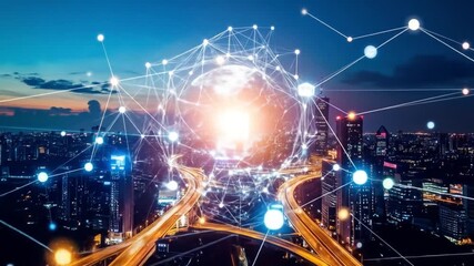 Digital Network Connection Over City: Technology and Infrastructure in Modern Urban Landscape - Powered by Adobe