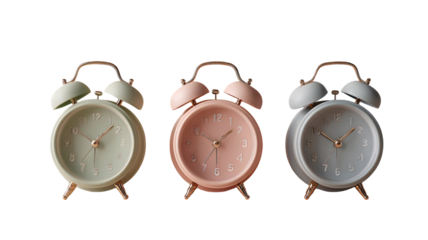 Pastel Alarm Clocks Arranged on transparent backdrop, Time Management Concept, Studio Shot