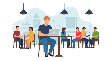 Man working on laptop in a bustling cafe, surrounded by diverse customers. Perfect for remote work, digital nomad, and modern lifestyle concepts.