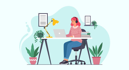 Woman with headphones working on laptop at a desk with plants. Ideal for remote work, online learning, and home office concepts.