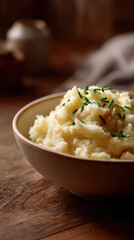 Creamy mashed potatoes garnished with chives in beige bowl