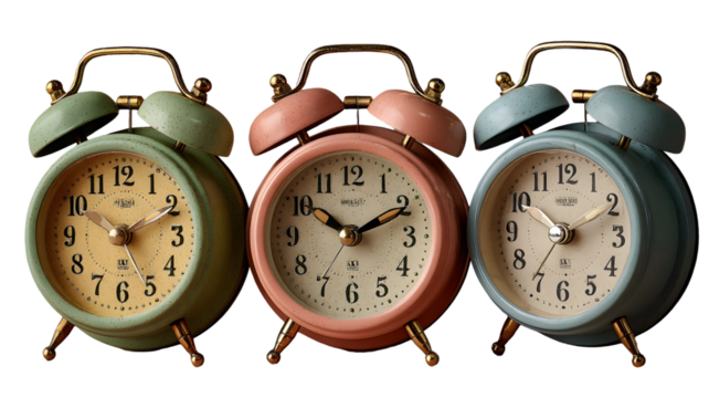 A Trio of Pastel Alarm Clocks Against a transparent backdrop Showcasing Vintage Design