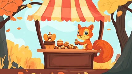 Squirrel selling acorns in autumnal stall