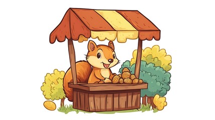 Squirrel selling nuts at a cartoon stall
