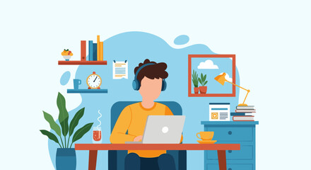 Person working comfortably on a laptop with headphones in a cozy home office, ideal for remote work, online learning, or focused creative tasks.