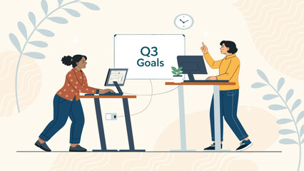Two women collaborate in a modern office, discussing Q3 goals on a whiteboard. Ideal for business strategy, planning, and teamwork concepts.