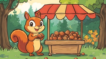 Squirrel selling walnuts in forest