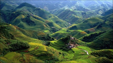 Terraced rice paddies on a mountain landscape.