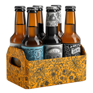 A vibrant six-pack of craft beers in a beautifully illustrated floral carrier, perfect for any gathering.