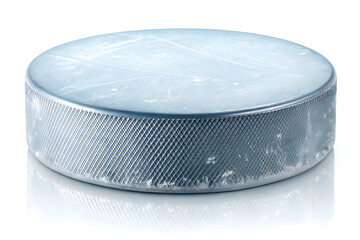 Isolated Regulation Hockey Puck with Scratches and Frost - Winter Sports Equipment