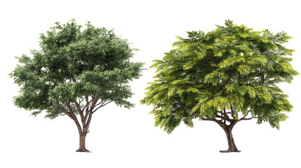 Ashoka tree and Neem tree standing together with upright trunks isolatedon transparent background