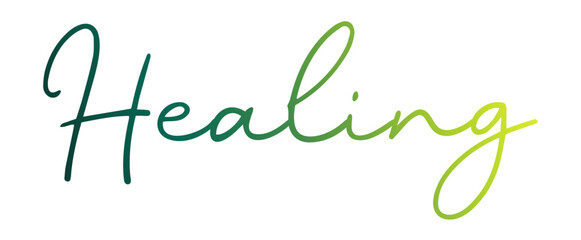 Script 'Healing' typography with phthalo green gradient color, vector design for travel inspiration
