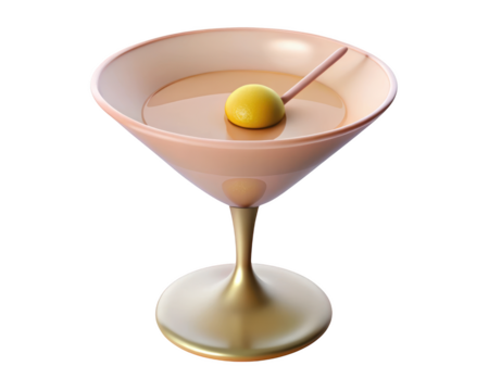 Elegant martini cocktail with olive in glossy glass warm tones classic drink refreshment 3d illustration isolated on transparent background
