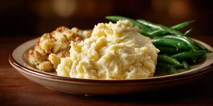 Mashed potatoes with green beans and stuffing on plate