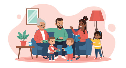 Happy multi-generational family bonding at home. Grandparent, parents, and children enjoy games and reading in their cozy living room, symbolizing joy and togetherness.