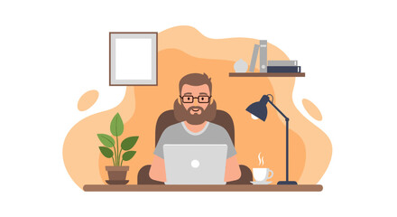 Digital illustration of a man with a beard and glasses intently working on a laptop at his home office desk, suitable for business and lifestyle.