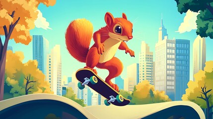 Squirrel skateboarding in urban park