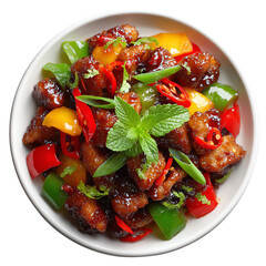 Delicious stir-fry dish featuring colorful vegetables and tender meat, garnished with fresh herbs and spices.