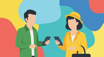 Two illustrated people using smartphones, showcasing digital communication, mobile app interaction, and modern online transactions against a vibrant, abstract background.