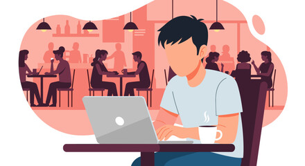 Young man focused on his laptop, enjoying a hot drink in a bustling cafe. Perfect for remote work, productivity, and lifestyle.