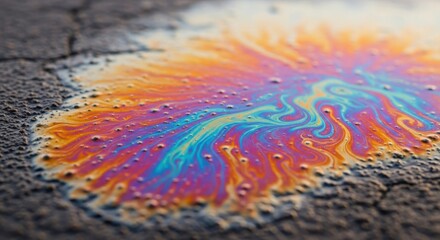 Photo of a vibrant rainbow sheen of oil or gasoline creates an iridescent, abstract pattern on a wet, cracked asphalt surface, reflecting light and color in a closeup macro view