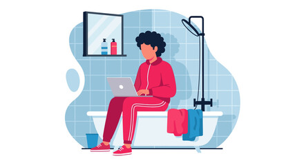 Person in casual attire works on a laptop while sitting on a bathtub in a bathroom. Represents remote work, flexibility, and a relaxed, unconventional home office setup.