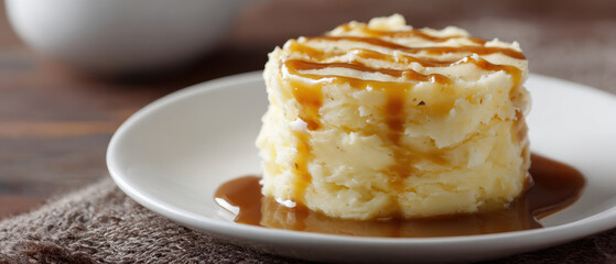 Creamy mashed potato tower with gravy on white plate