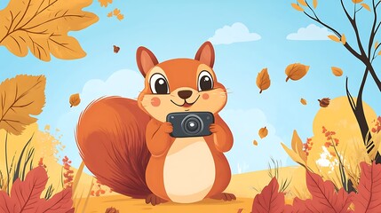 Squirrel taking photograph autumn scene