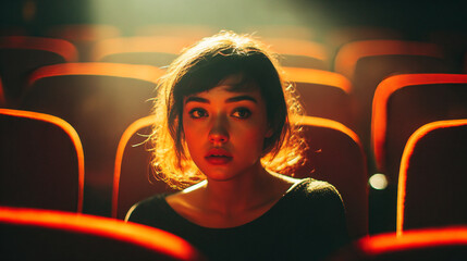 Confident young woman sitting alone under dramatic spotlight surrounded by rows of red velvet seats like in a movie theater