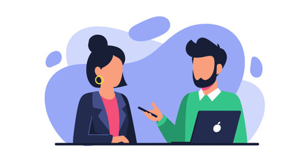 Business professionals discuss ideas and collaborate in a modern setting. Perfect for themes of teamwork, communication, and digital work.