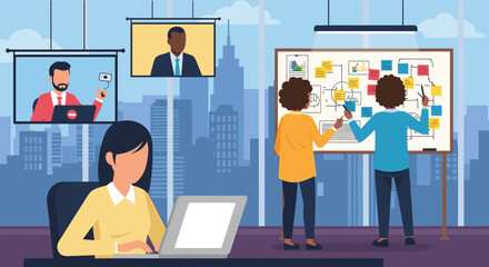 Professionals collaborate in a modern office. A woman works on a laptop, colleagues brainstorm on a whiteboard, with remote team members joining a video conference, depicting hybrid work.