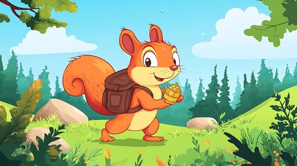 Squirrel with backpack in forest landscape