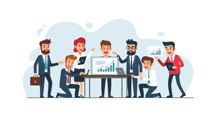 Professional business team collaborating around a table, analyzing growth charts and data on laptops and a presentation board. Illustrates teamwork, strategy, and financial success.