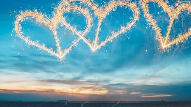 Three golden heart shapes made of sparkler lights in sky during sunset, symbolizing love, romance, and celebration
