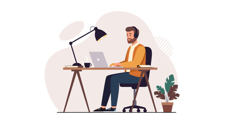 Focused man with headphones works on a laptop at a modern desk with coffee and a plant, perfect for remote work, online learning, and business productivity concepts.