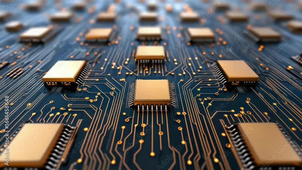 Poster high tech circuit board featuring microchips and advanced electronics technology