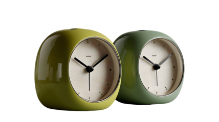 Two sleek and modern table clocks in contrasting green hues against a transparent backdrop