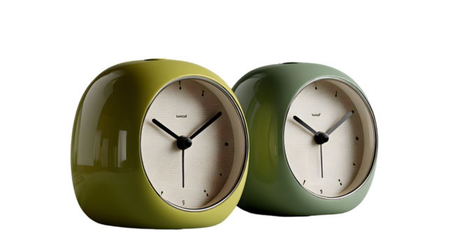 Two sleek and modern table clocks in contrasting green hues against a transparent backdrop