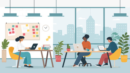 Diverse professionals work on laptops in a modern, open office overlooking a city. Symbolizes productivity, collaboration, and contemporary business.