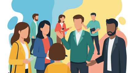 Diverse business professionals engage in lively discussion and networking, fostering collaboration and community in a corporate or social setting.