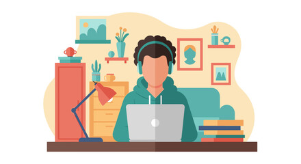 Focused individual working or studying from home on a laptop, wearing headphones in a modern, organized room. Represents remote work, online learning, and digital lifestyle.