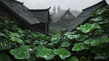 Emerald lotus leaves cover the palace roof, with dewdrops glistening in the soft morning light