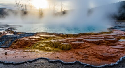 Photo of steaming geothermal hot spring with vibrant orange and blue mineral deposits, showcasing the raw power and beauty of the earths natural heat and volcanic activity